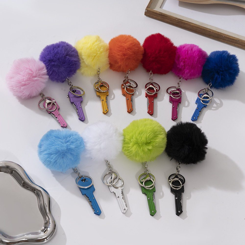 Key Knife Fur Pompom ball 2 piece self-defense keychain